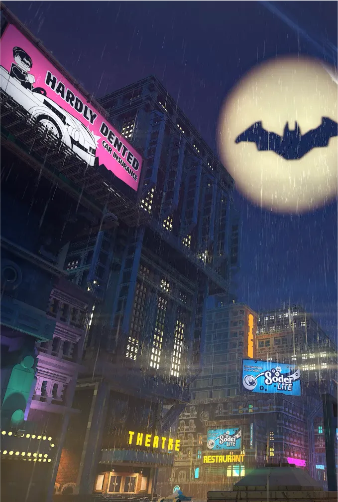 Batsygnał rozświetla nocne niebo nad ulicami Gotham.