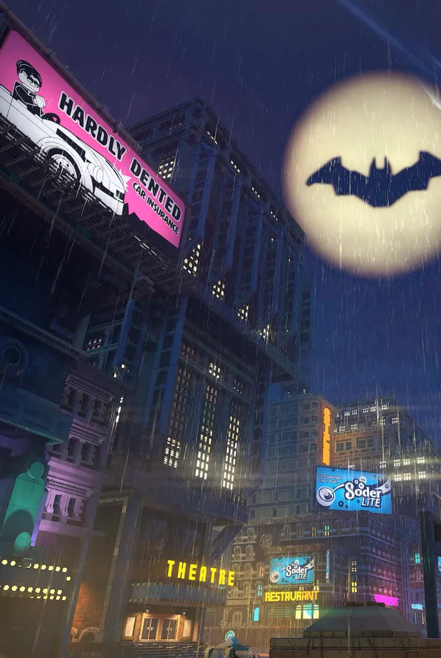 The Bat-Signal lights up the night sky above a Gotham City street.