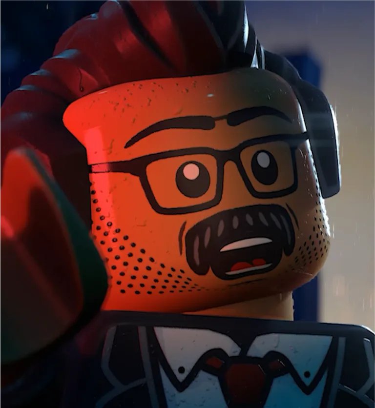 Podzielony ekran ukazuje zbliżenia na zaskoczonego komisarza Jima Gordona po lewej, i uśmiechniętą Catwoman po prawej.