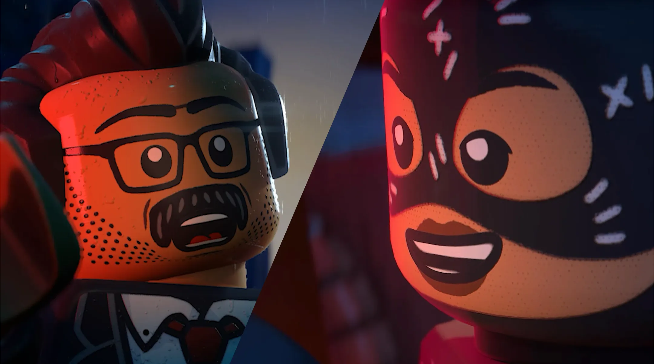 Podzielony ekran ukazuje zbliżenia na zaskoczonego komisarza Jima Gordona po lewej, i uśmiechniętą Catwoman po prawej.