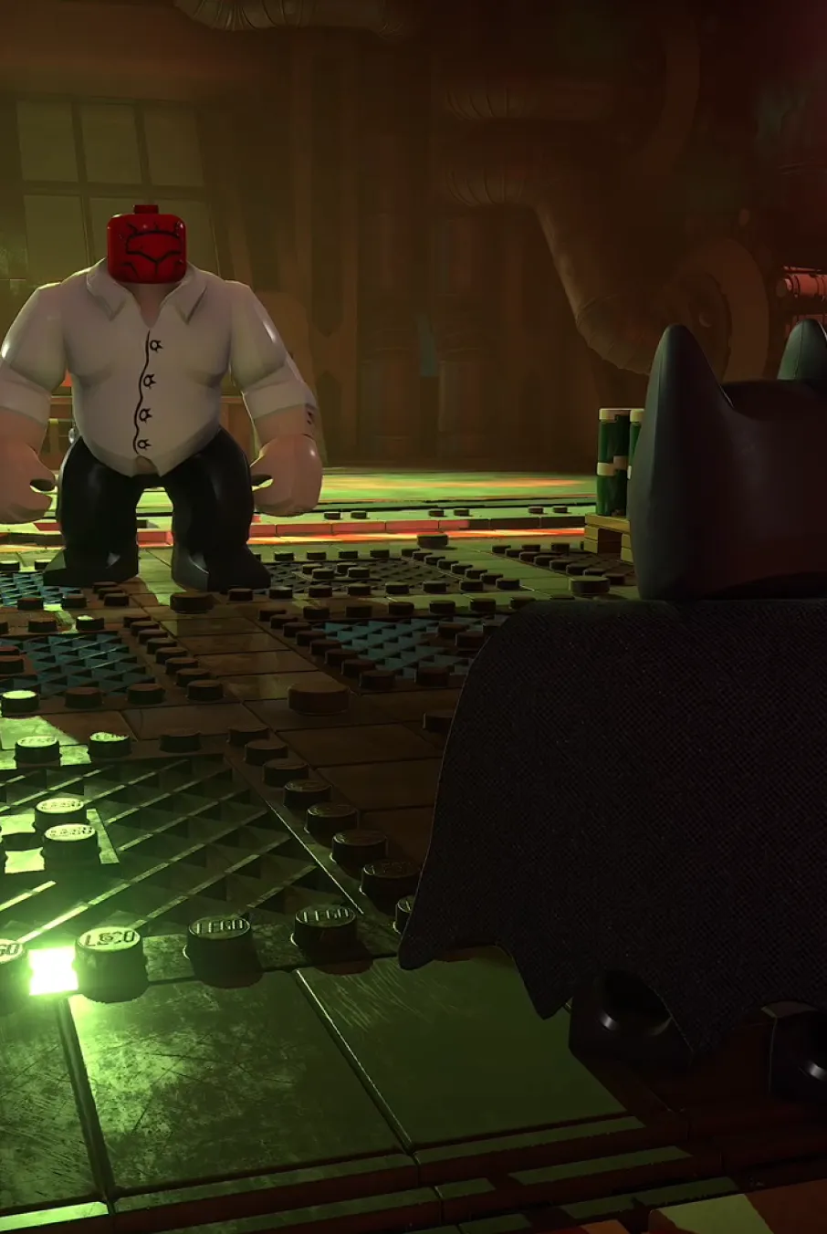 A variety of enemy goons stand menacingly together, lit by pink and blue neon lights.