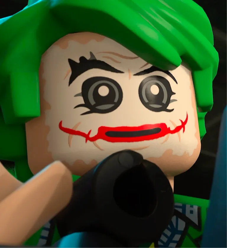 Po lewej stronie przedzielonego ekranu Batman trzyma Jokera za kołnierz w powietrzu. Po prawej Batman obraca się, by uśmiechnąć się do kamery.