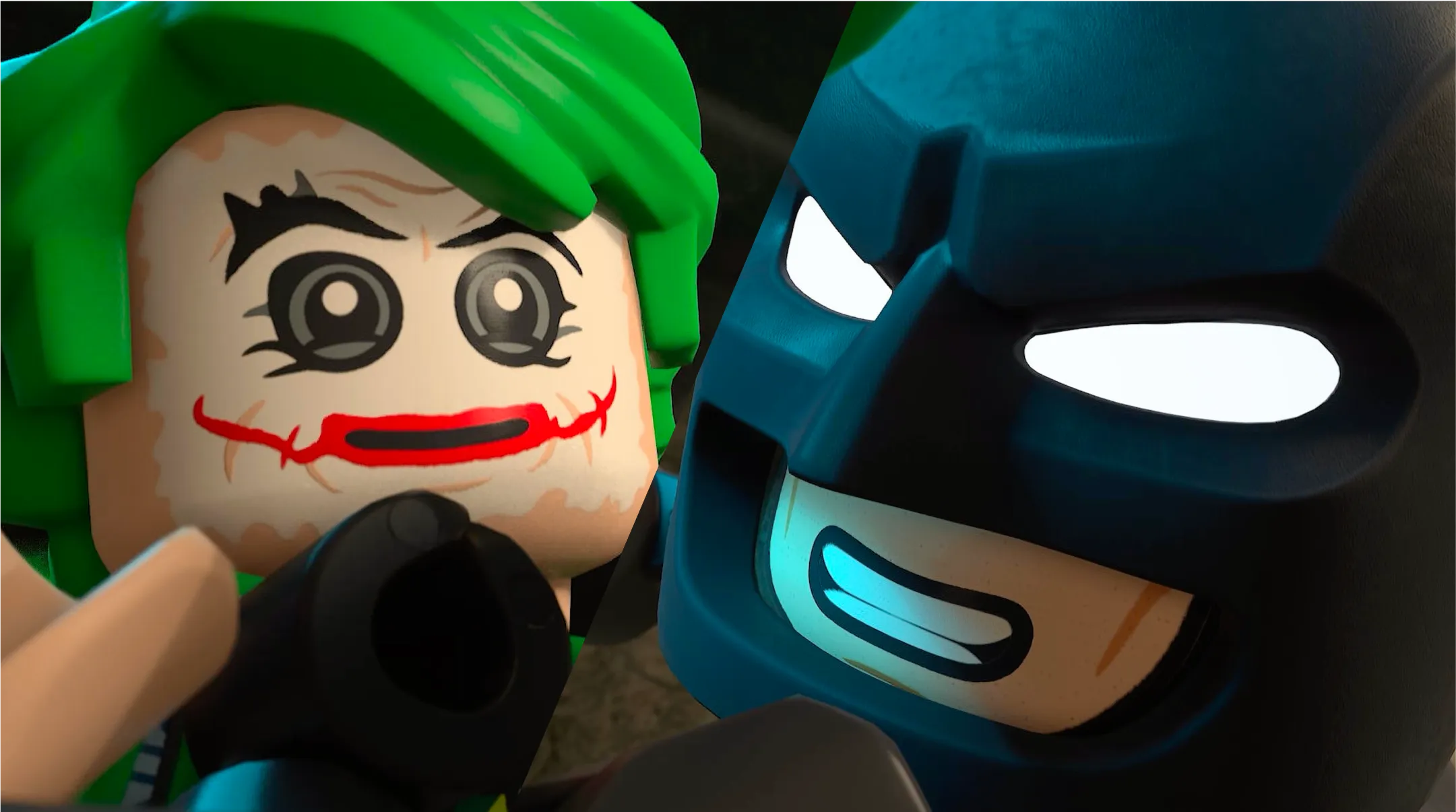 Po lewej stronie przedzielonego ekranu Batman trzyma Jokera za kołnierz w powietrzu. Po prawej Batman obraca się, by uśmiechnąć się do kamery.