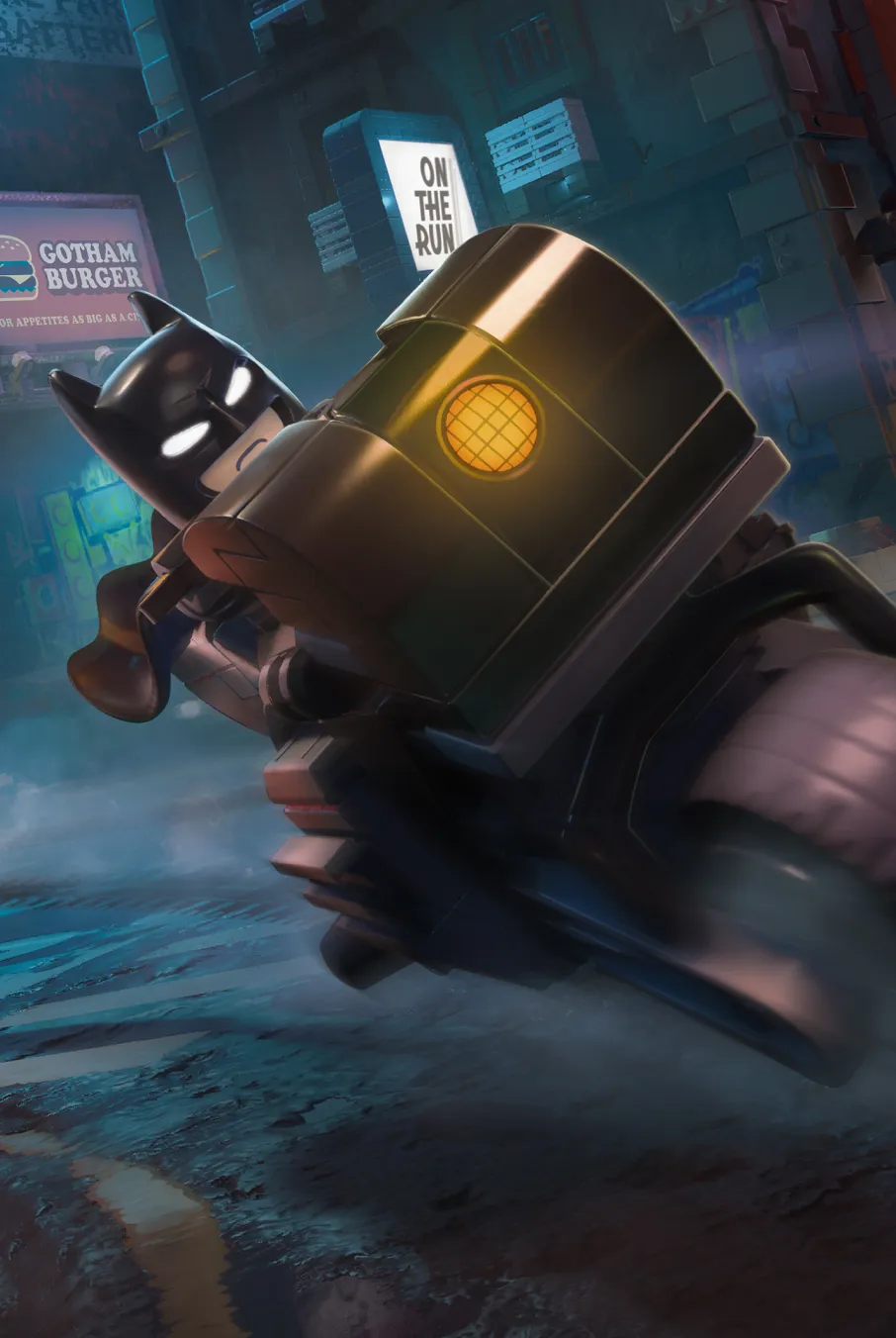 Batman tears down a street in the Batcycle.