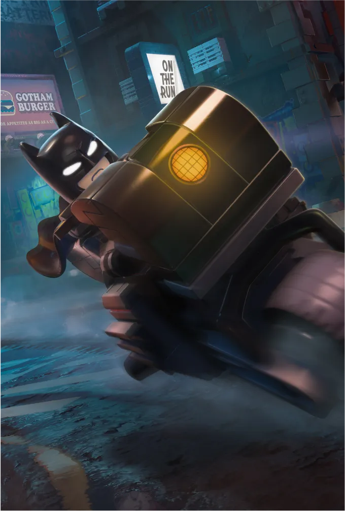 Batman przecina ulicę na batmotocyklu.