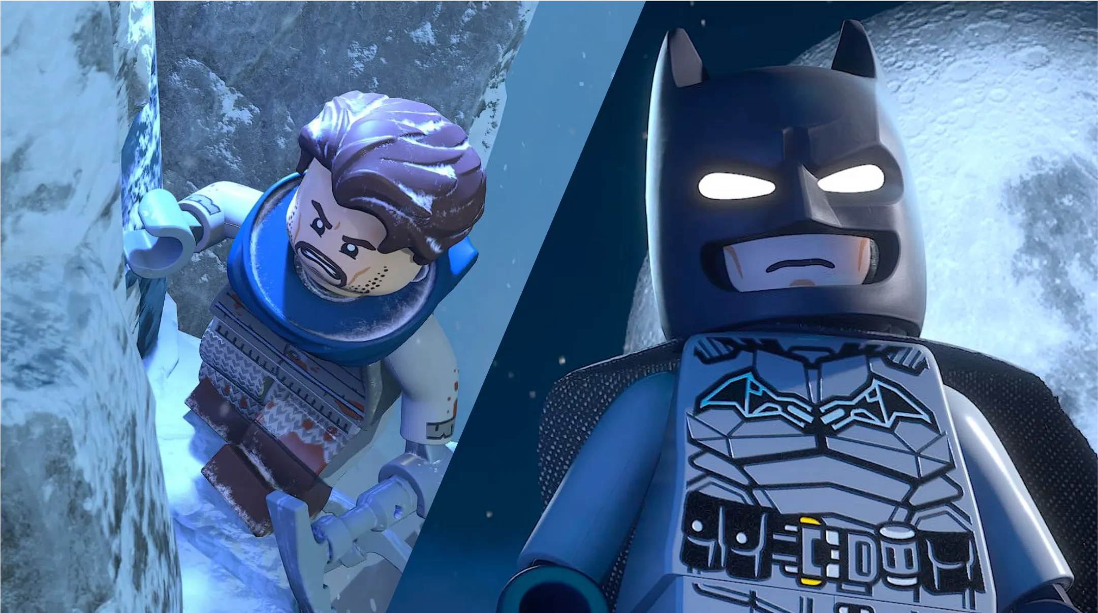 Przedzielony ekran ukazuje młodego Bruce'a Wayne'a wspinającego się na zaśnieżony klif. Po prawej, na tle księżyca, Batman spogląda do góry.