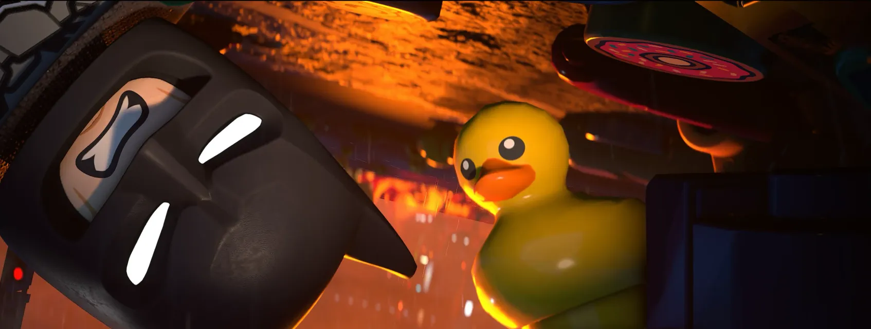 Batman peeks out from the bottom of the page, grimacing beside a rubber duck and a donut.